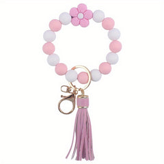 Silicone Floral Beaded Tassel Keychain Bracelet for Car Backpacks