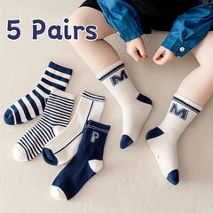 Teen's Striped Letter Crew Socks 5 Pairs