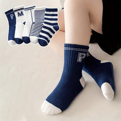 Teen's Striped Letter Crew Socks 5 Pairs