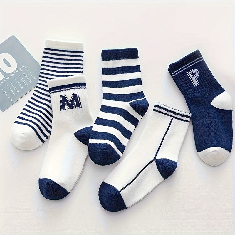 Teenager's Striped Letter Crew Socks Breathable Cotton Blend Unisex Style