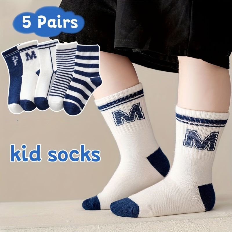 Teenager's Striped Letter Crew Socks Breathable Cotton Blend Unisex Style