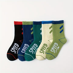 5 Pairs Kids Sports Socks, Letters Print, Sweat Absorption, Comfortable