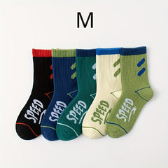 Teen Block Letter Crew Socks 5 Pairs Cotton Blend Casual Style Unisex