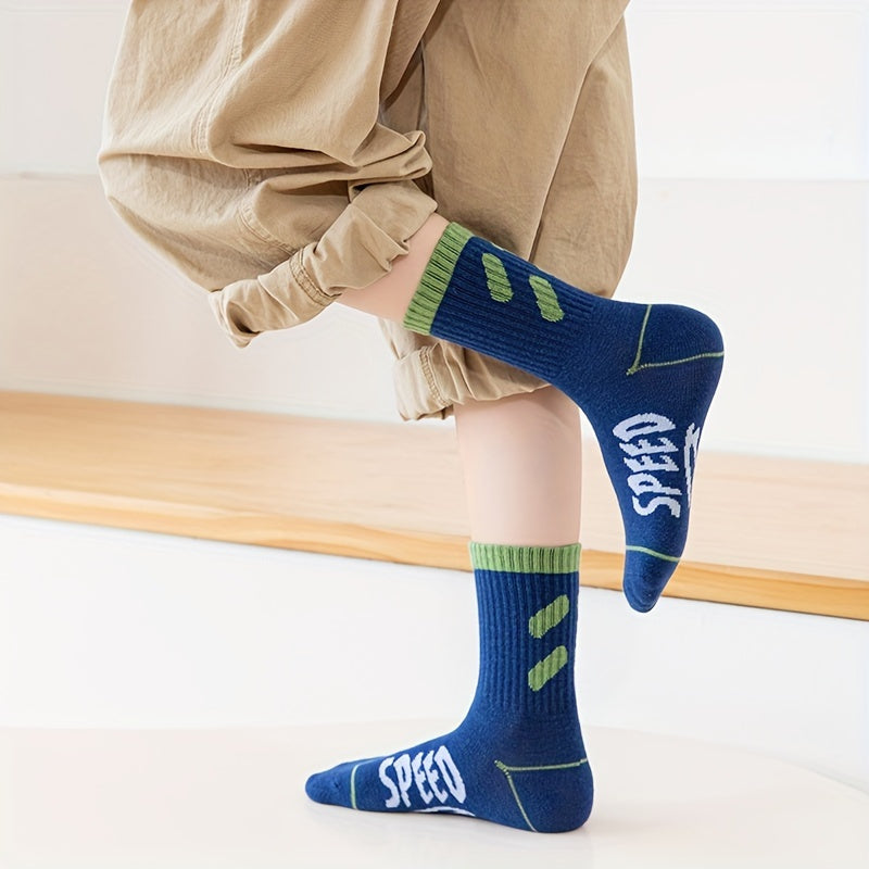 Teen Block Letter Crew Socks 5 Pairs Cotton Blend Casual Style Unisex