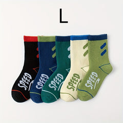 Teen Block Letter Crew Socks 5 Pairs Cotton Blend Casual Style Unisex