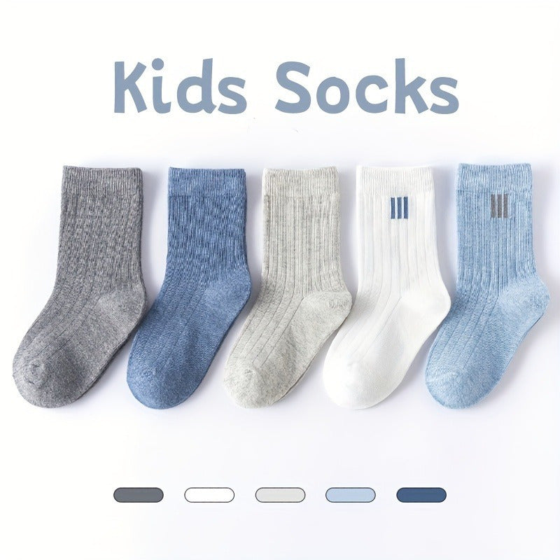 5 Pairs Boy's Striped Crew Socks Cotton Blend Breathable Casual Style