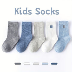 5 Pairs Boy's Striped Crew Socks Cotton Blend Breathable Casual Style