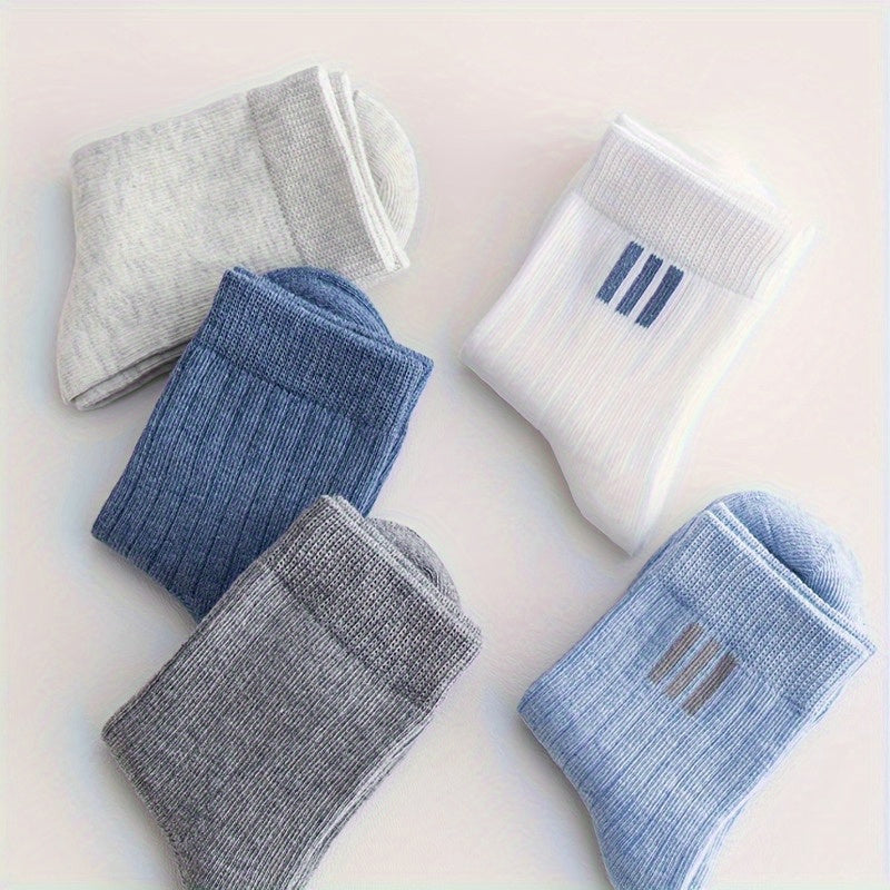 5 Pairs Boy's Striped Crew Socks Cotton Blend Breathable Casual Style
