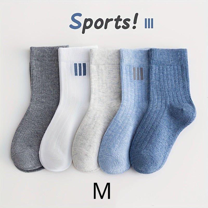 5 Pairs Boy's Striped Crew Socks Cotton Blend Breathable Casual Style