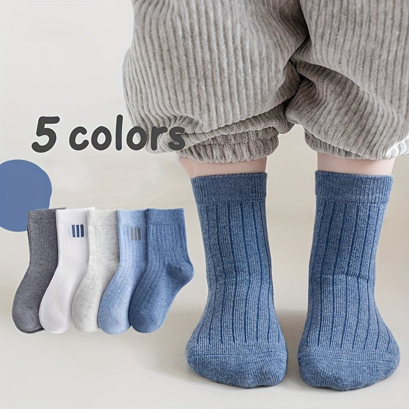 5 Pairs Boy's Striped Crew Socks Cotton Blend Breathable Casual Style
