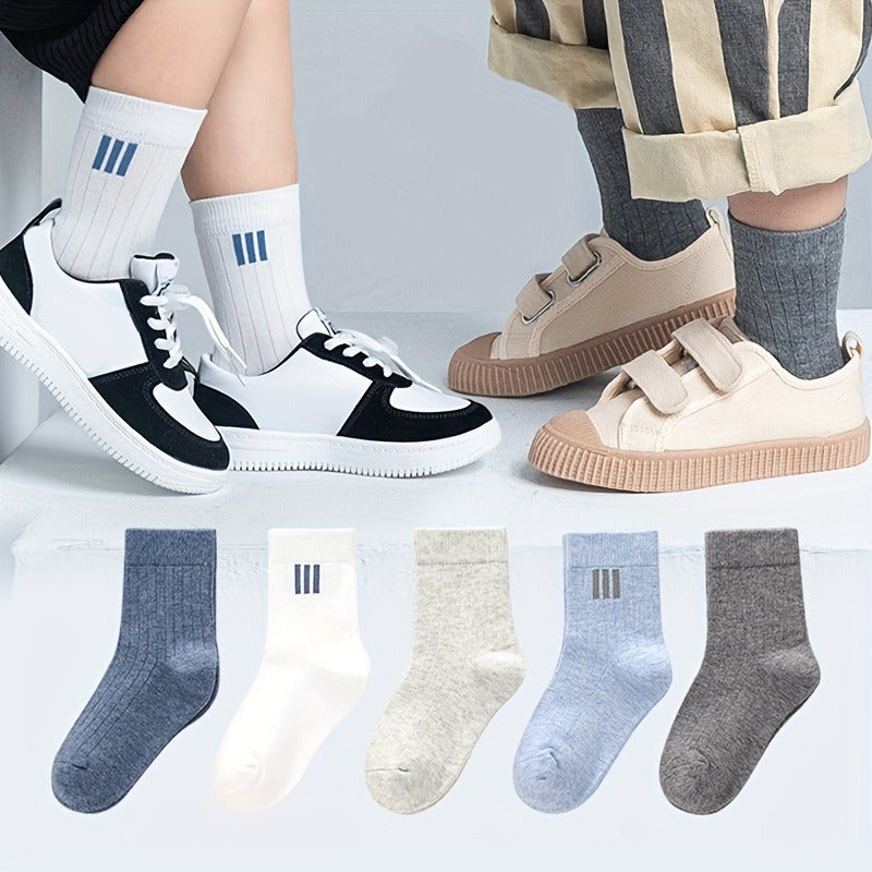 5 Pairs Boy's Striped Crew Socks Cotton Blend Breathable Casual Style