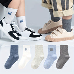 5 Pairs Boy's Striped Crew Socks Cotton Blend Breathable Casual Style
