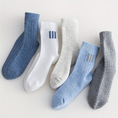 5 Pairs Boy's Striped Crew Socks Cotton Blend Breathable Casual Style