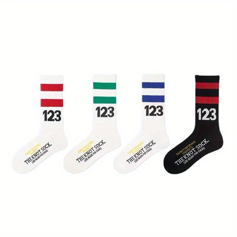 Men's Striped Letter Crew Socks Breathable Cotton Comfy Casual Unisex Socks