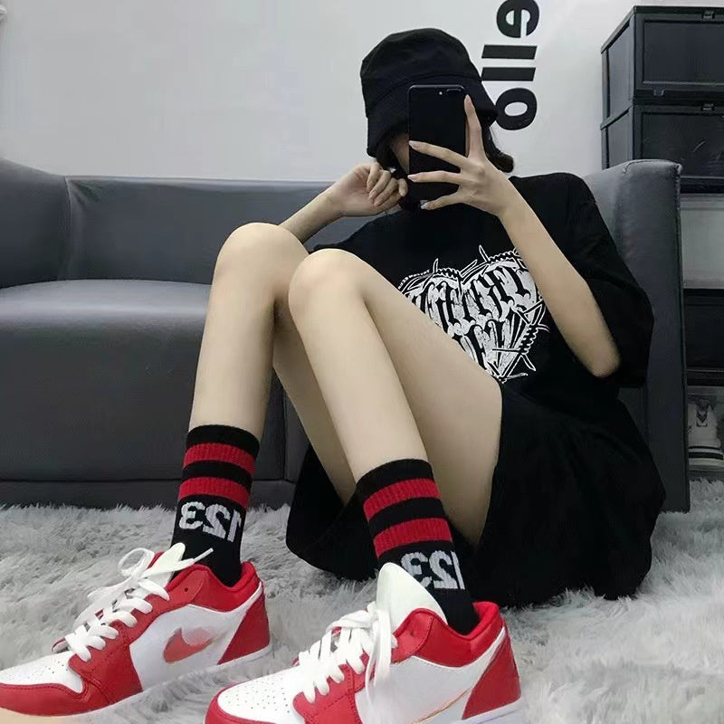 Men's Striped Letter Crew Socks Breathable Cotton Comfy Casual Unisex Socks