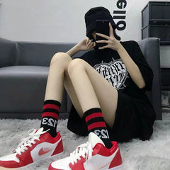 Men's Striped Letter Crew Socks Breathable Cotton Comfy Casual Unisex Socks