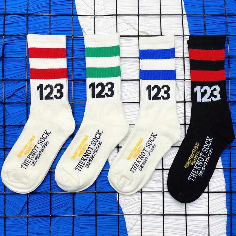 Men's Striped Letter Crew Socks Breathable Cotton Comfy Casual Unisex Socks