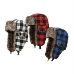 Two Tone Plaid Trapper Cap Autumn Winter Hat Ear Protection Windproof Warm