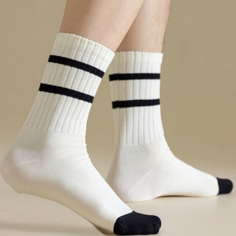 Men's Solid Striped Crew Socks Breathable Comfy Casual Unisex Socks