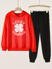 Clover & LUCKY CHARMER 2pcs Girls Hoodie Jogger Set Spring Fall Sports