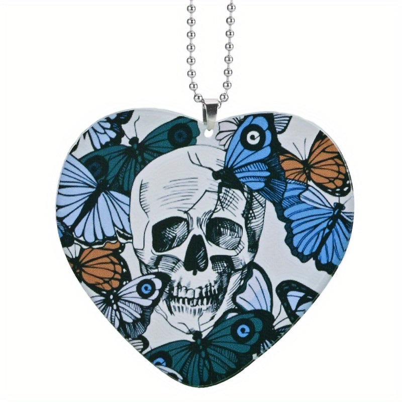 Stylish Skull Print Heart Acrylic Car Mirror Pendant Gift