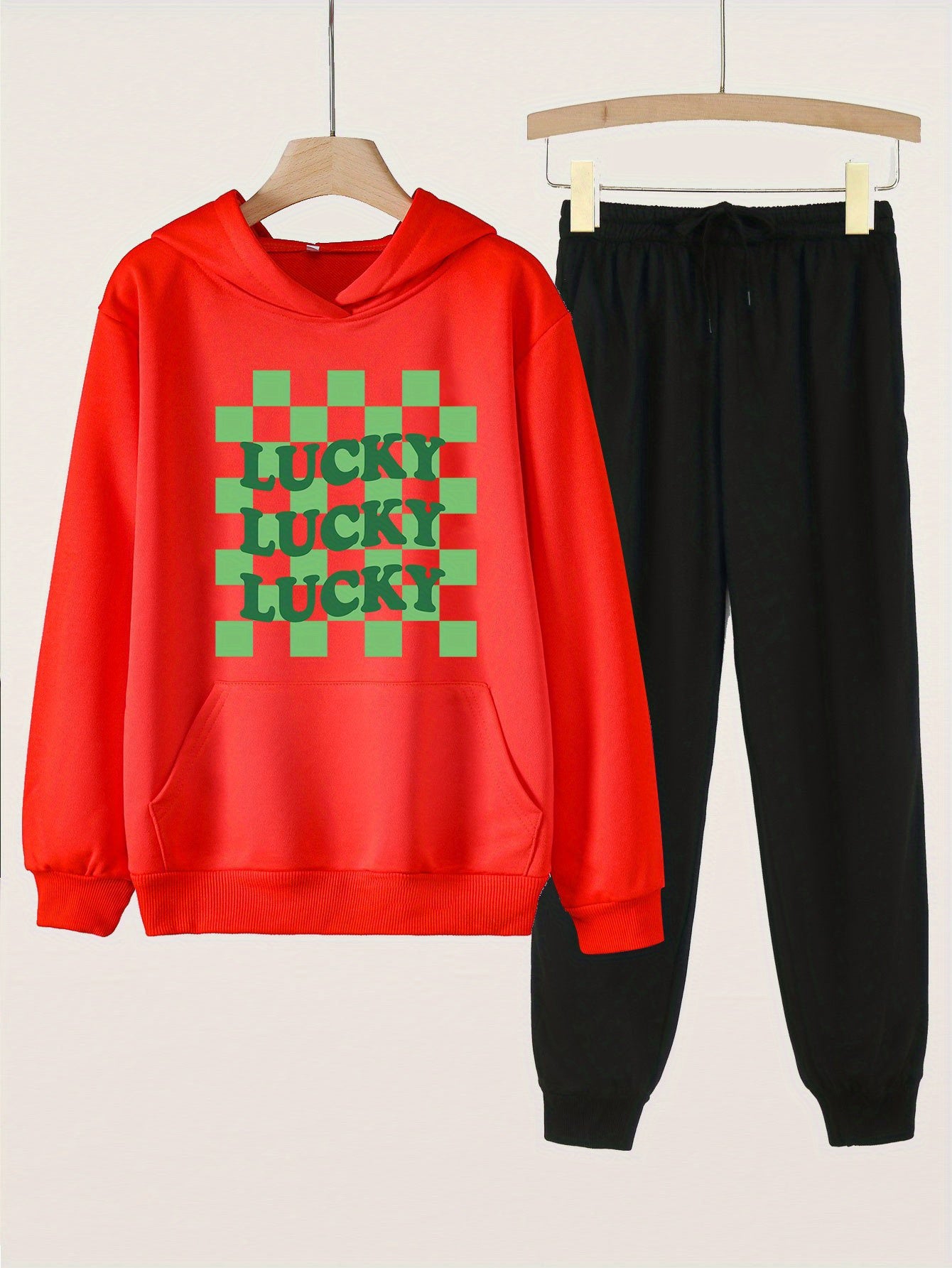 Checkered Pattern LUCKY Girls Long Sleeve Hoodies Jogger Pants Set