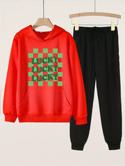 Checkered Pattern LUCKY Girls Long Sleeve Hoodies Jogger Pants Set