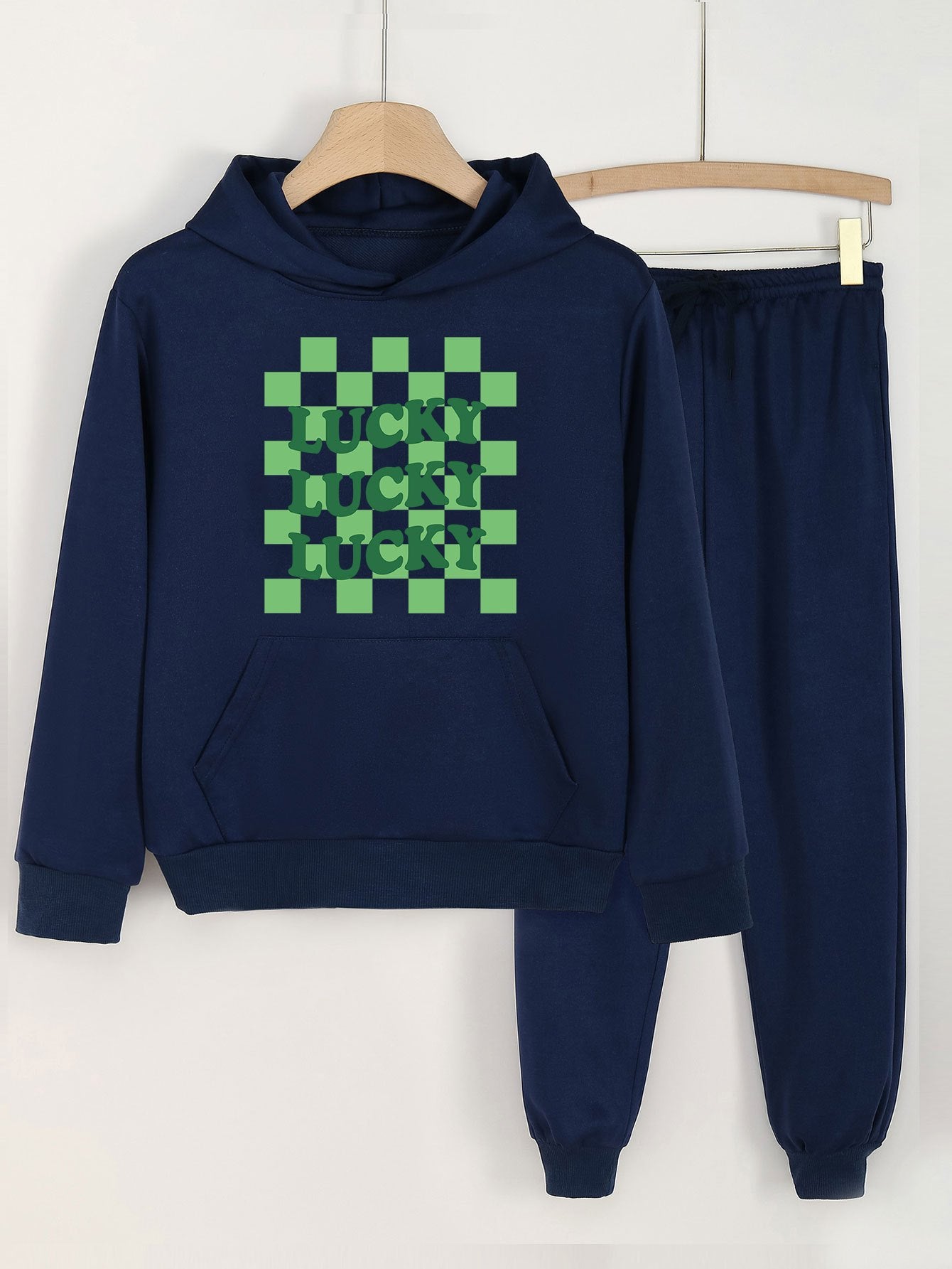 Checkered Pattern LUCKY Girls Long Sleeve Hoodies Jogger Pants Set
