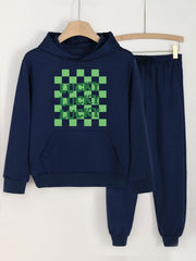 Checkered Pattern LUCKY Girls Long Sleeve Hoodies Jogger Pants Set