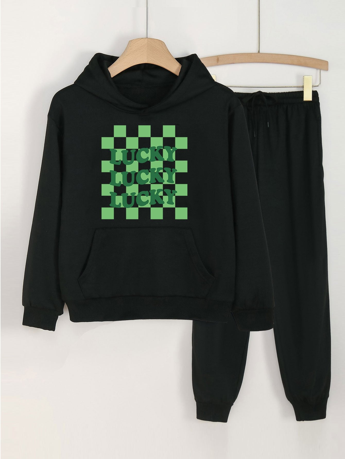 Checkered Pattern LUCKY Girls Long Sleeve Hoodies Jogger Pants Set