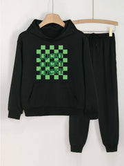 Checkered Pattern LUCKY Girls Long Sleeve Hoodies Jogger Pants Set