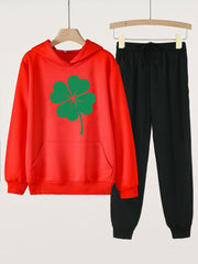 Clover Graphic 2pcs Sets Girls Long Sleeve Hoodies Solid Jogger Pants Set