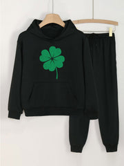 Clover Graphic 2pcs Sets Girls Long Sleeve Hoodies Solid Jogger Pants Set
