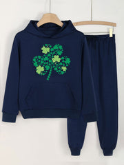 Clover Graphic Girls Hoodie Jogger Pants Set for Spring Fall