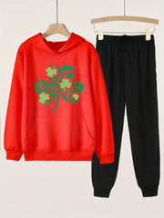 Clover Graphic Girls Hoodie Jogger Pants Set for Spring Fall