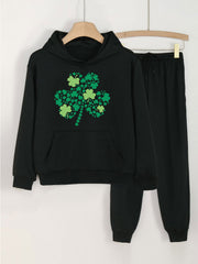 Clover Graphic Girls Hoodie Jogger Pants Set for Spring Fall