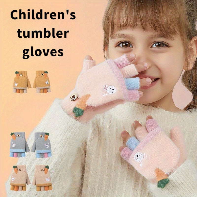 Kids' Cartoon Fingerless Gloves, Warm Knitted Half Finger Flip Mittens