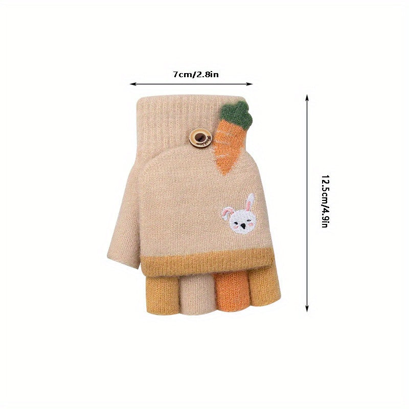 Kids' Cartoon Fingerless Gloves, Warm Knitted Half Finger Flip Mittens