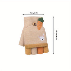 Kids' Cartoon Fingerless Gloves, Warm Knitted Half Finger Flip Mittens