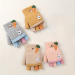 Kids' Cartoon Fingerless Gloves, Warm Knitted Half Finger Flip Mittens