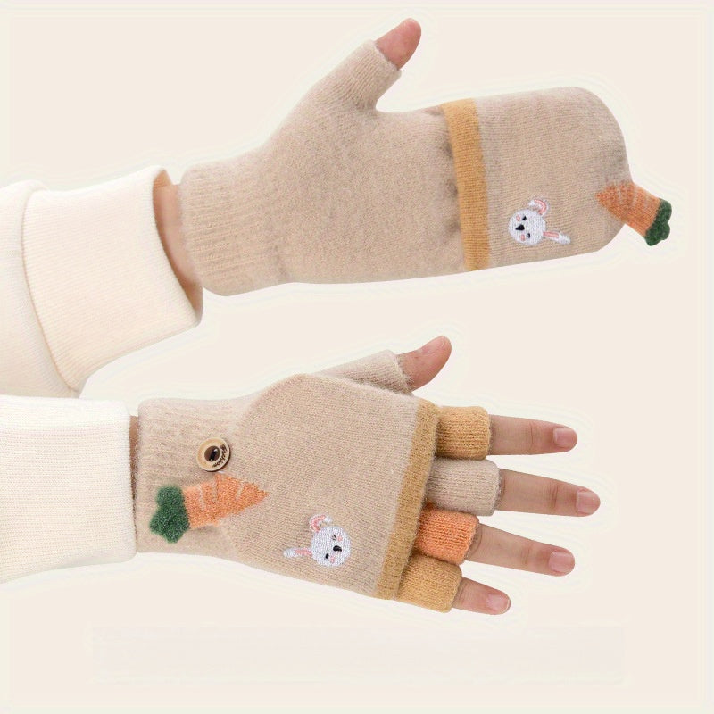 Kids' Cartoon Fingerless Gloves, Warm Knitted Half Finger Flip Mittens