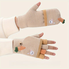 Kids' Cartoon Fingerless Gloves, Warm Knitted Half Finger Flip Mittens