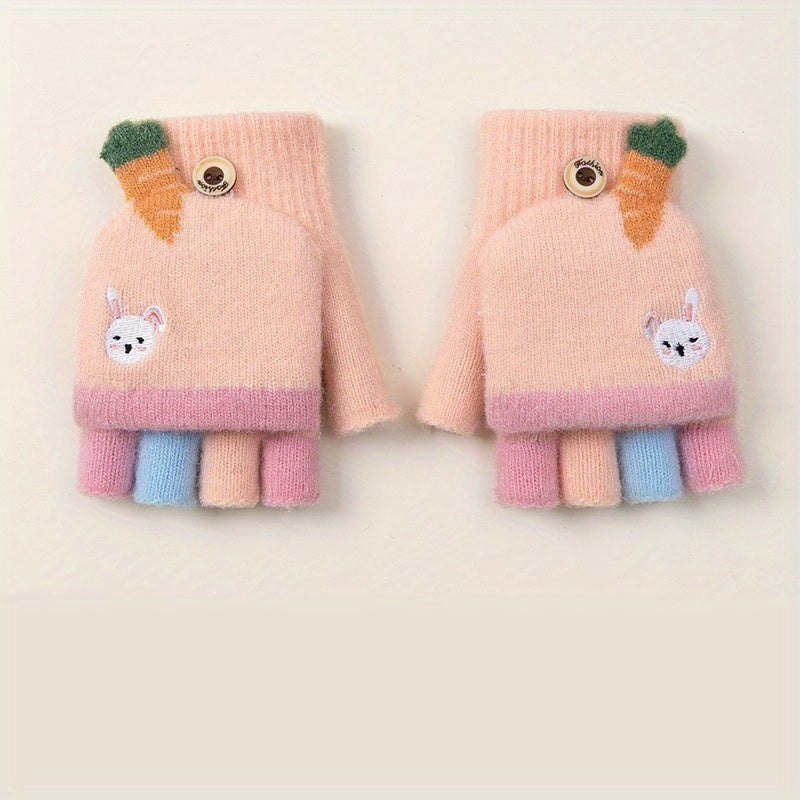Kids' Cartoon Fingerless Gloves, Warm Knitted Half Finger Flip Mittens