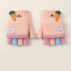 Kids' Cartoon Fingerless Gloves, Warm Knitted Half Finger Flip Mittens