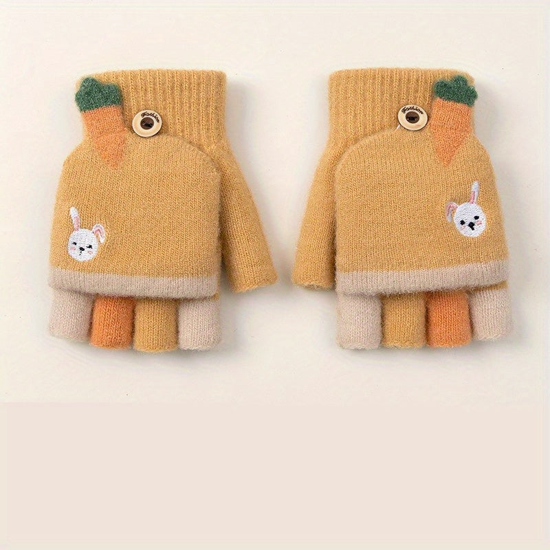 Kids' Cartoon Fingerless Gloves, Warm Knitted Half Finger Flip Mittens