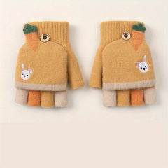 Kids' Cartoon Fingerless Gloves, Warm Knitted Half Finger Flip Mittens