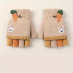 Kids' Cartoon Fingerless Gloves, Warm Knitted Half Finger Flip Mittens