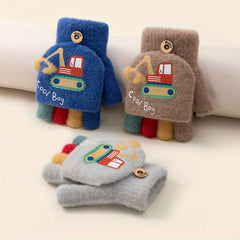 Excavator Kids Gloves Boys Girls Cartoon Half Finger Flip Knitted Warm Gloves