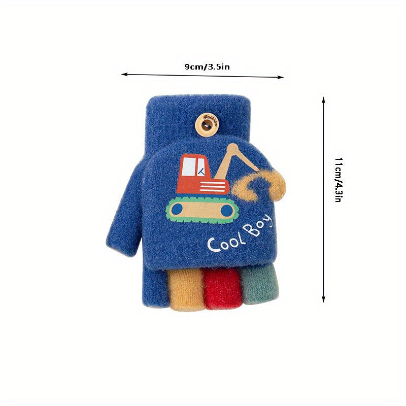 Excavator Kids Gloves Boys Girls Cartoon Half Finger Flip Knitted Warm Gloves