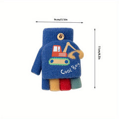 Excavator Kids Gloves Boys Girls Cartoon Half Finger Flip Knitted Warm Gloves